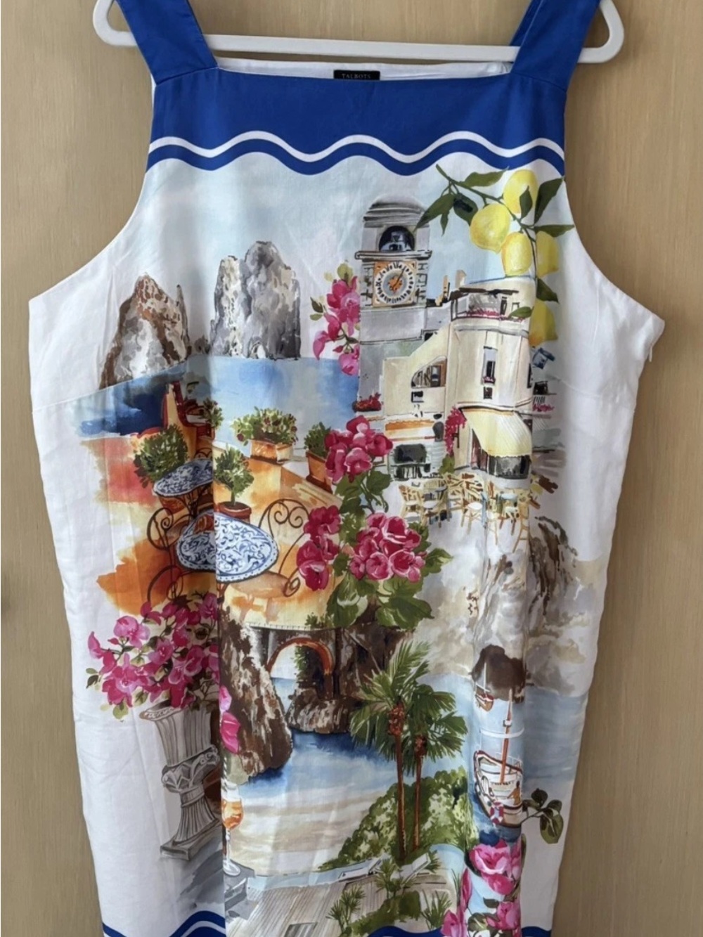 Talbots Linen Dress 20W Capri Italy Scenic Print Sleeveless Blue White - Picture 2 of 8